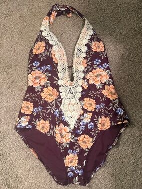 Kona Sol Plum Floral One-Piece with Cream Lace Halter